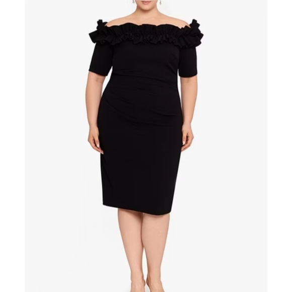 Xscape Women's Plus Size Knee Length Off The Shoulder Scuba Crepe Dress - Picture 2 of 16